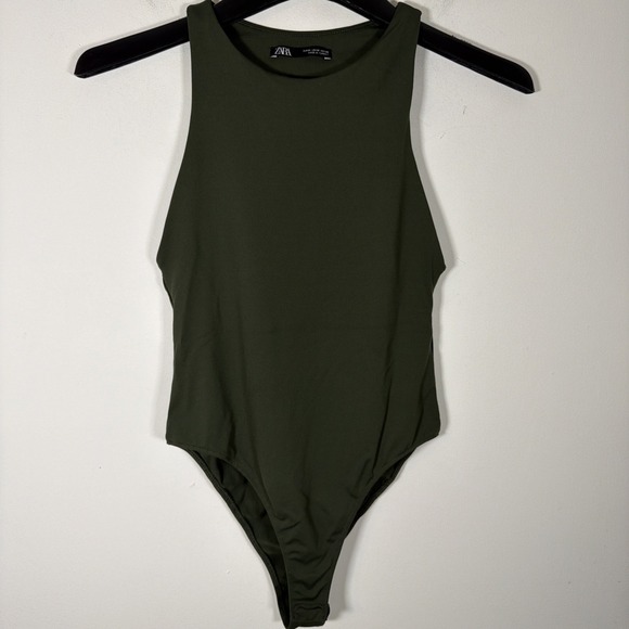 Zara Women Soft Polyamide Halter Tank Top Bodysuit Olive Green Medium Layering - Picture 7 of 7